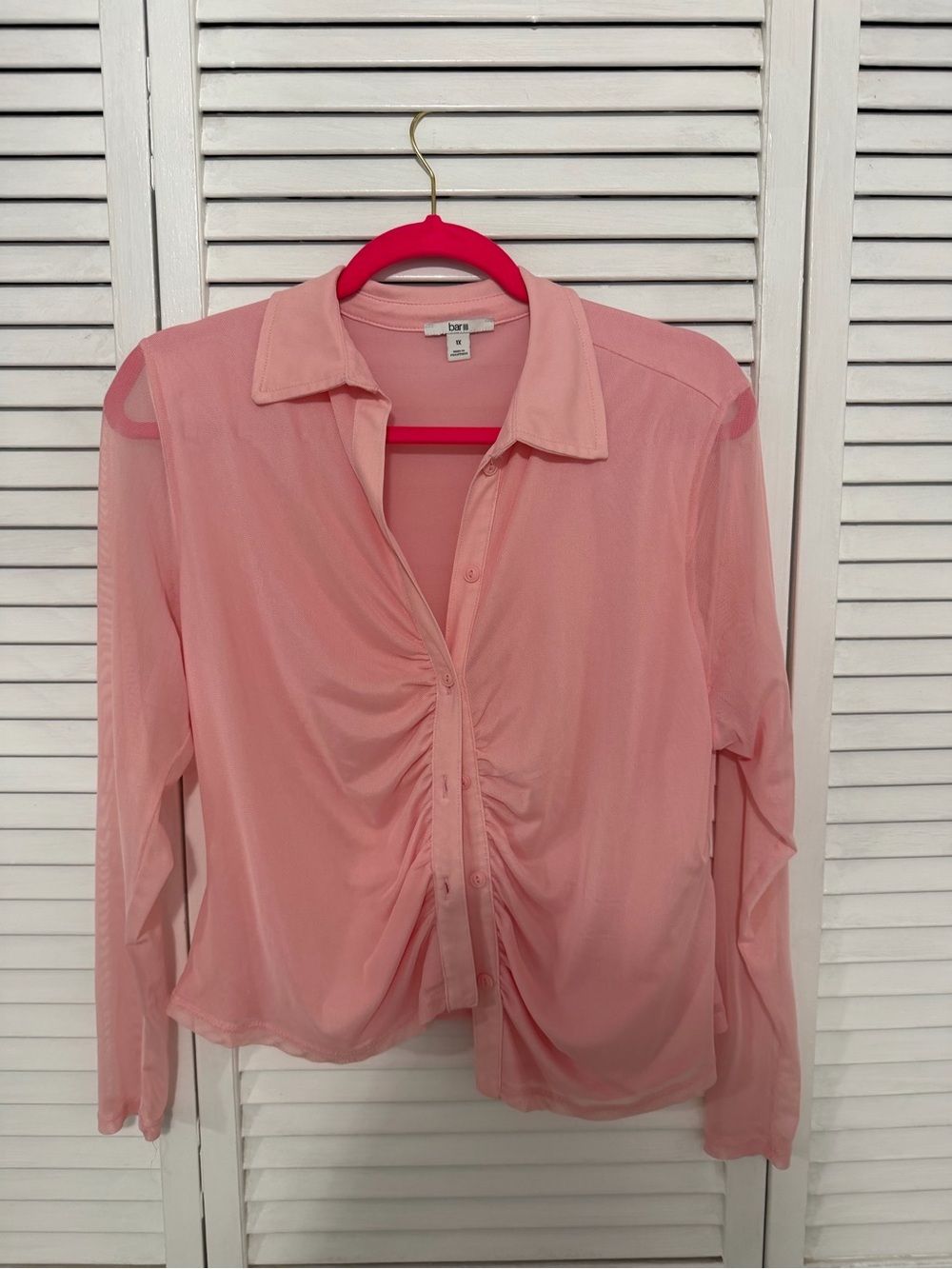 bar ||| Sheer Pink Ruched Button-Down Blouse